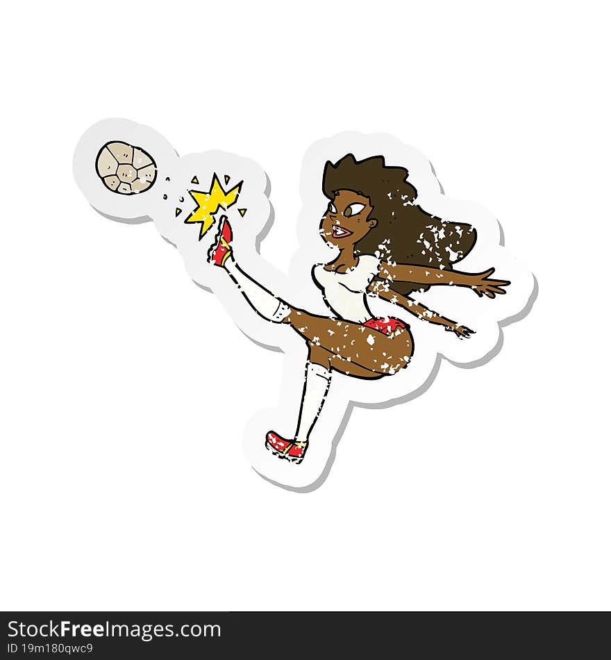 retro distressed sticker of a cartoon female soccer player kicking ball