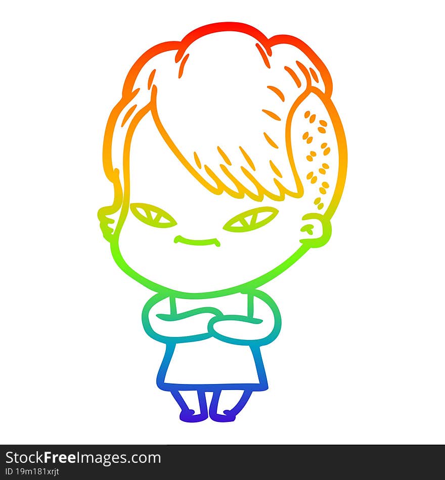 rainbow gradient line drawing of a cute cartoon girl with hipster haircut