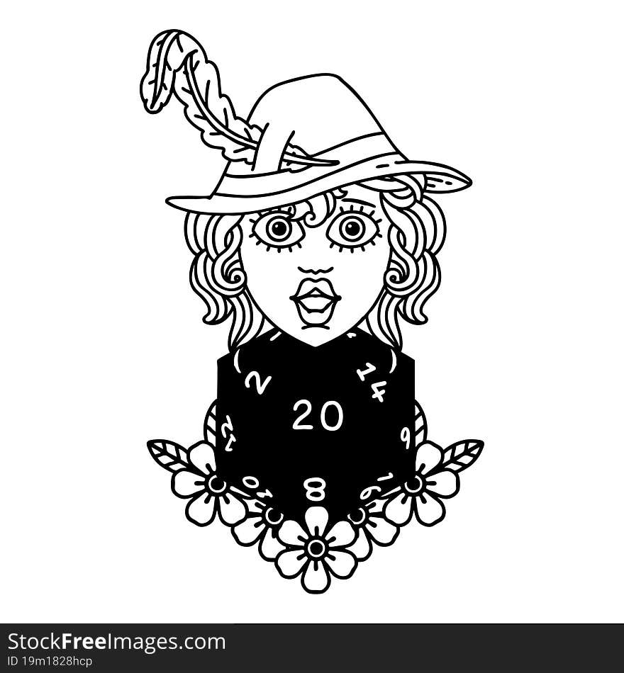 Black and White Tattoo linework Style human bard with natural 20 dice roll. Black and White Tattoo linework Style human bard with natural 20 dice roll