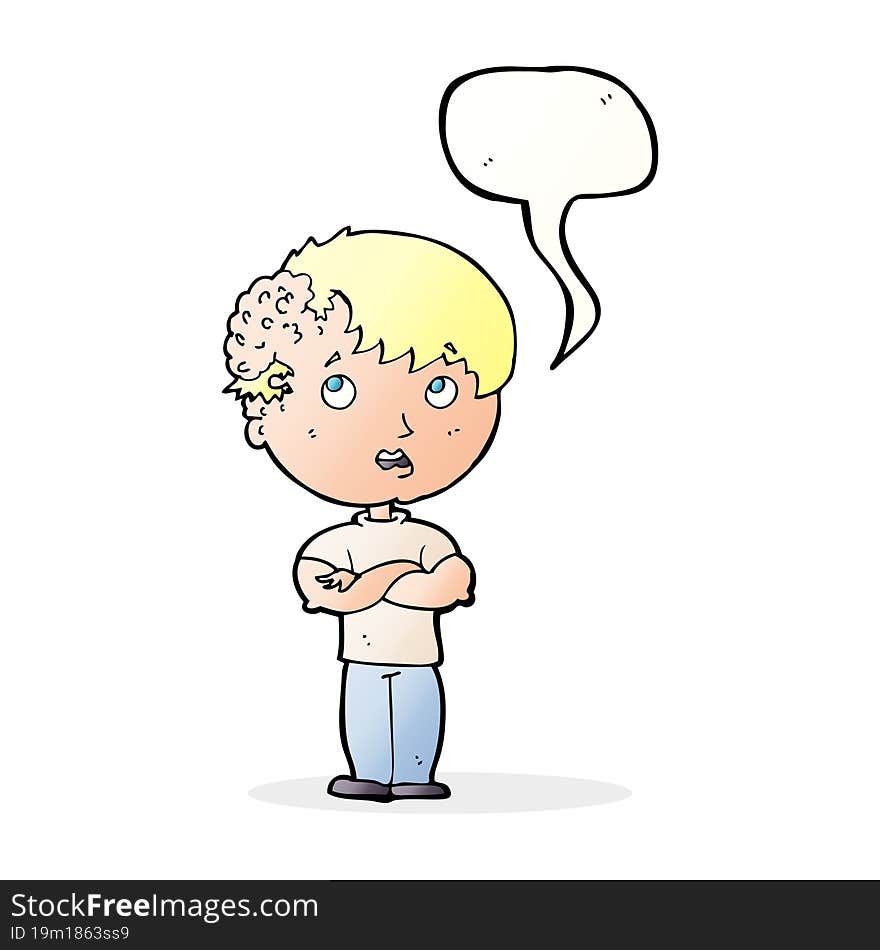 cartoon boy with growth on head with speech bubble