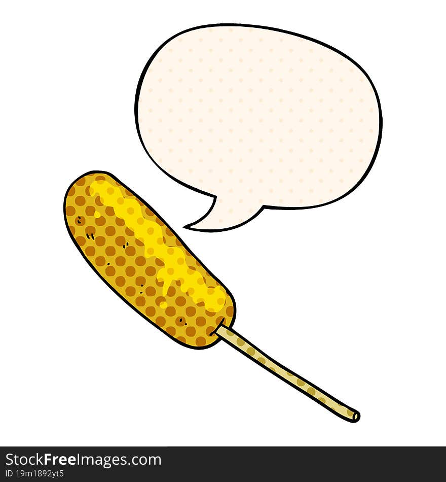 cartoon hotdog on a stick and speech bubble in comic book style