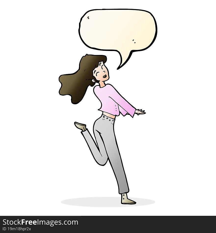 cartoon happy girl kicking out leg with speech bubble