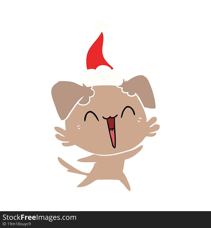 happy little dog flat color illustration of a wearing santa hat