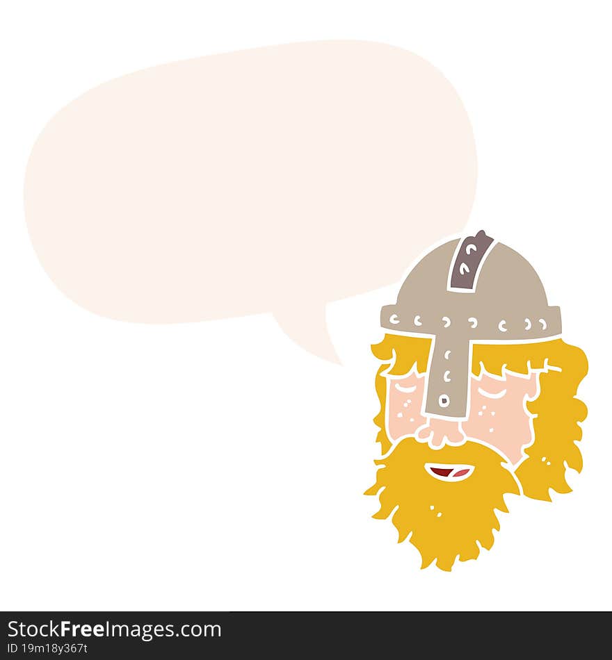 cartoon viking face with speech bubble in retro style