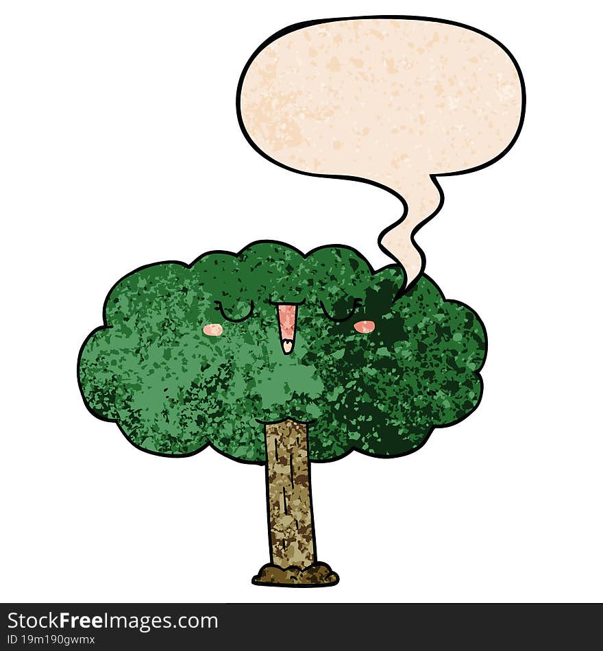 cartoon tree and speech bubble in retro texture style