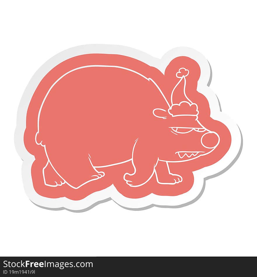 cartoon  sticker of a angry polar bear wearing santa hat