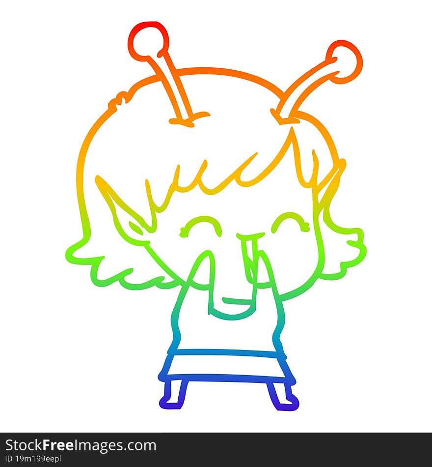 rainbow gradient line drawing of a cartoon alien girl laughing