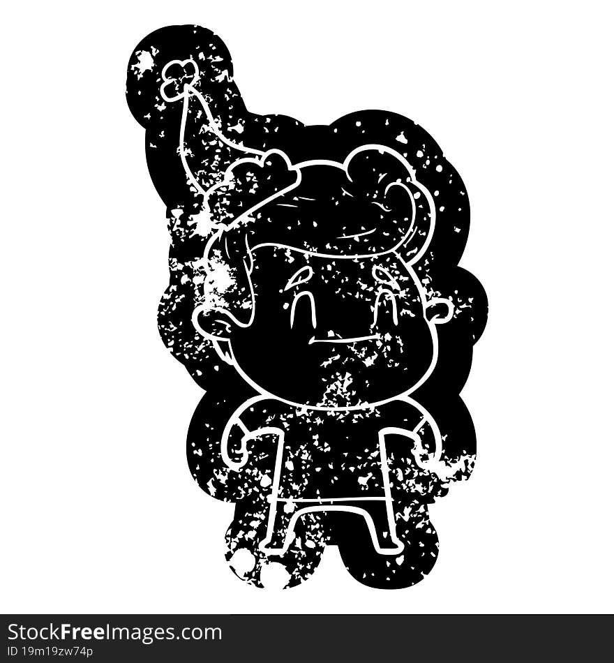 happy cartoon distressed icon of a man wearing santa hat