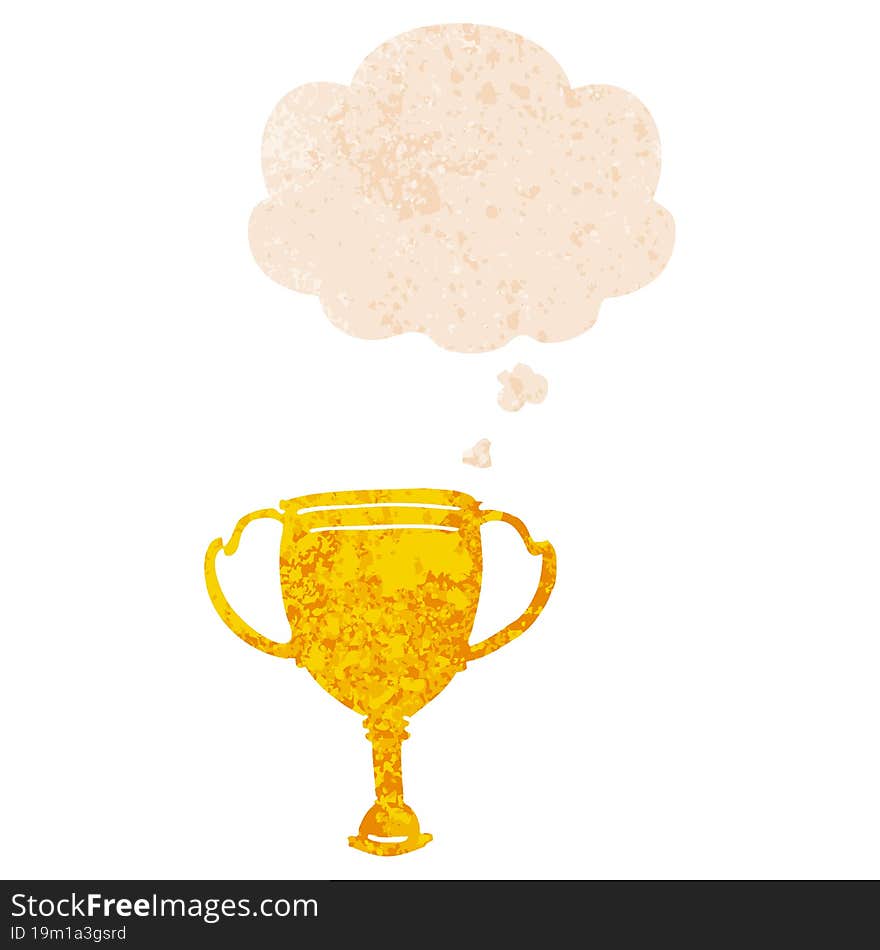 cartoon sports trophy and thought bubble in retro textured style