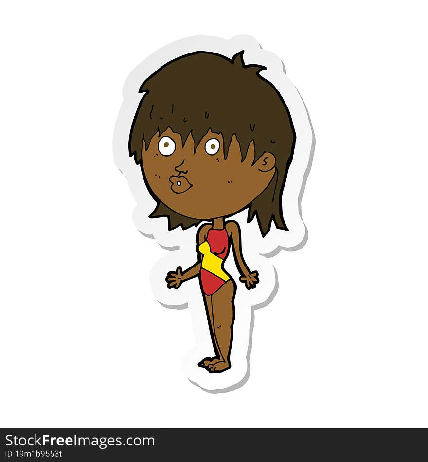 sticker of a cartoon woman in swimsuit shrugging shoulders