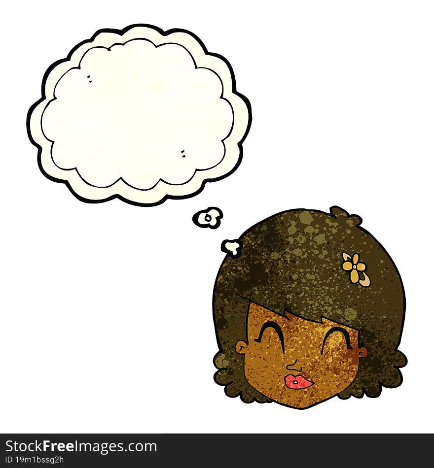 cartoon happy female face with thought bubble