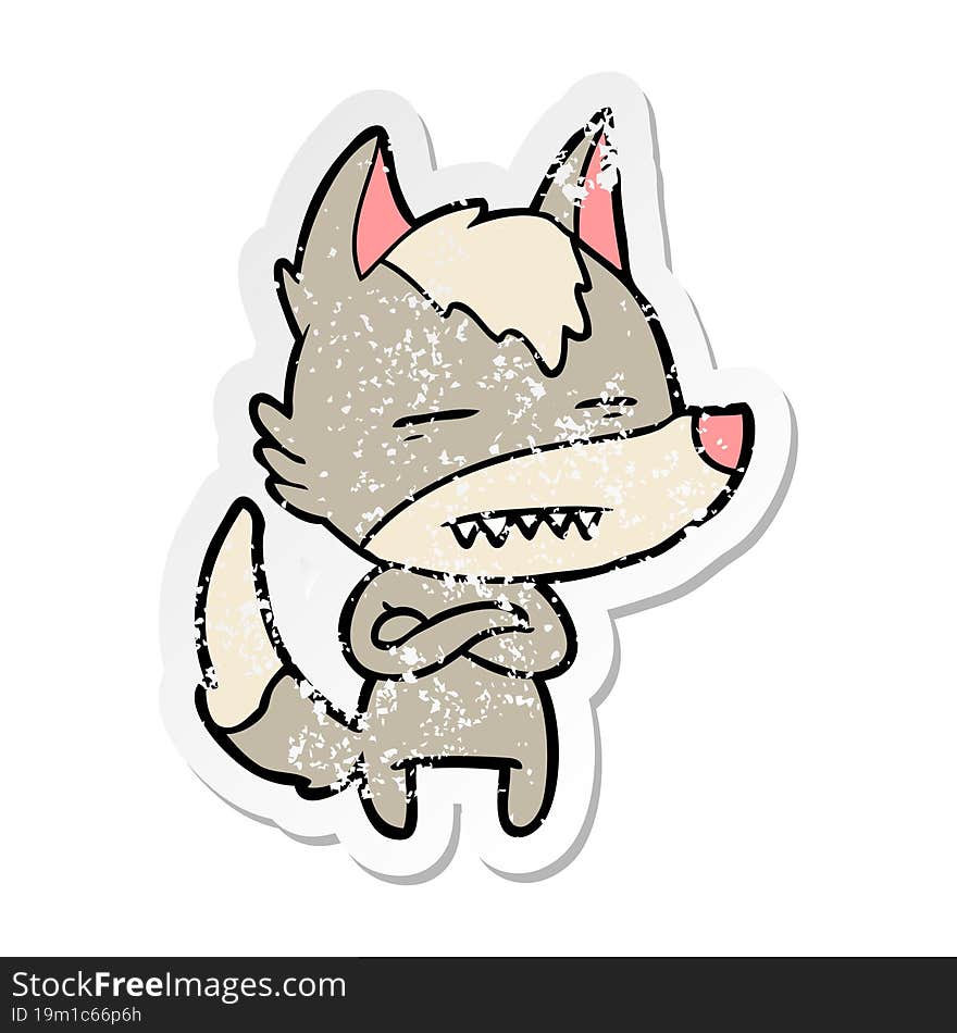 distressed sticker of a cartoon wolf showing teeth