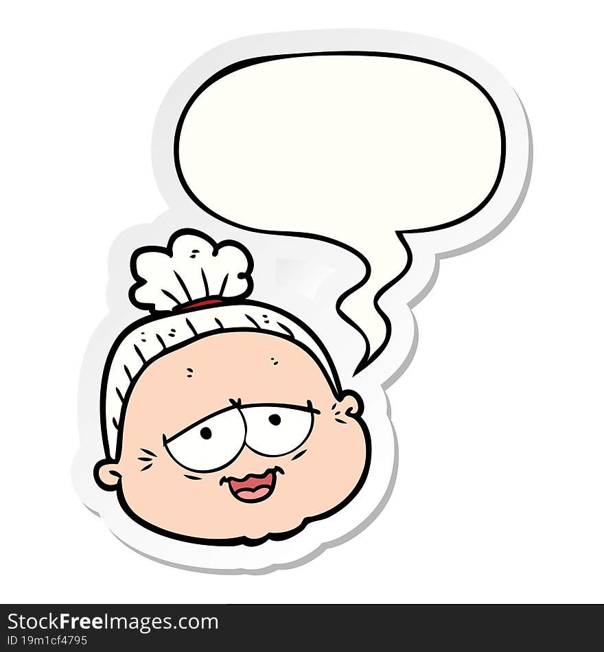 cartoon old lady with speech bubble sticker. cartoon old lady with speech bubble sticker