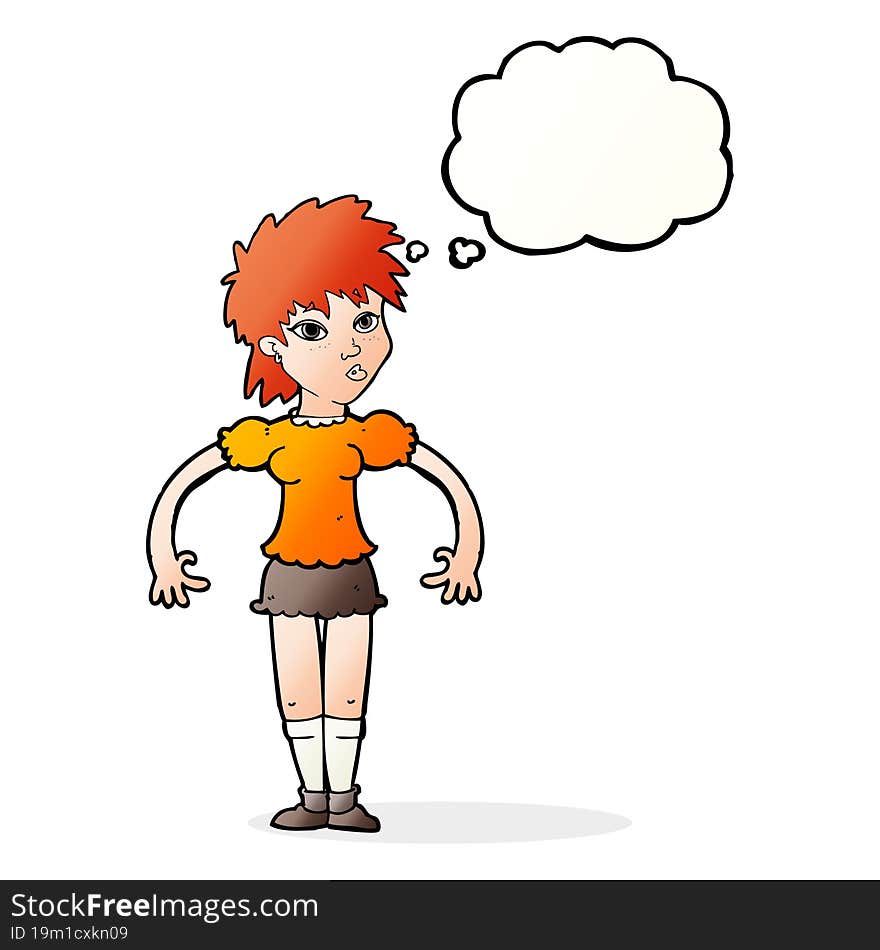 cartoon curious woman with thought bubble