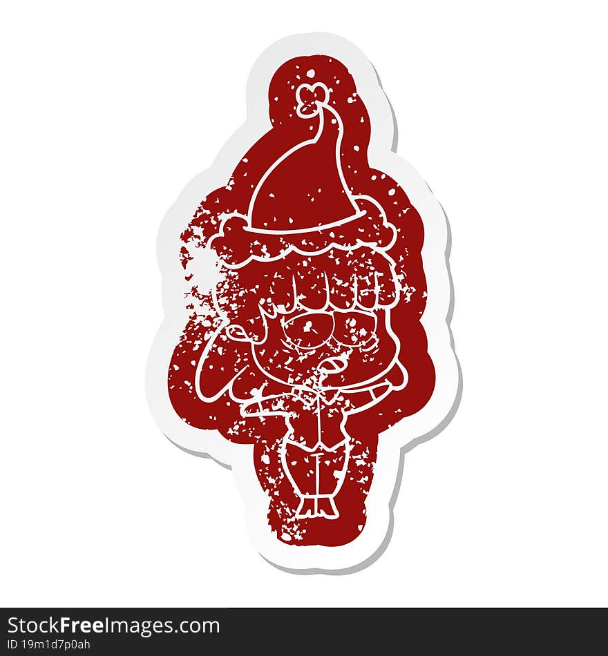 quirky cartoon distressed sticker of a tired woman wearing santa hat