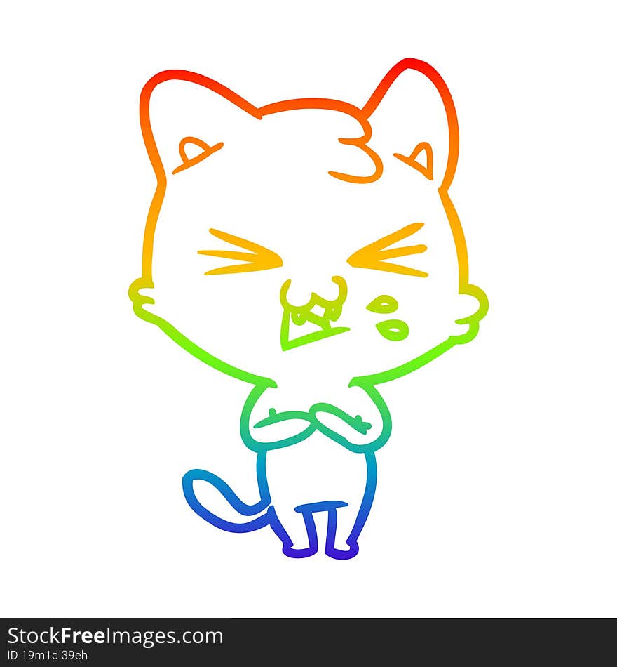 rainbow gradient line drawing cartoon cat hissing