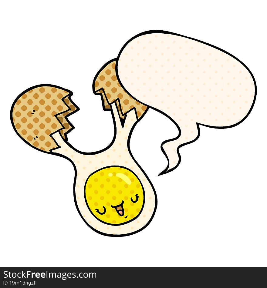 cartoon cracked egg with speech bubble in comic book style