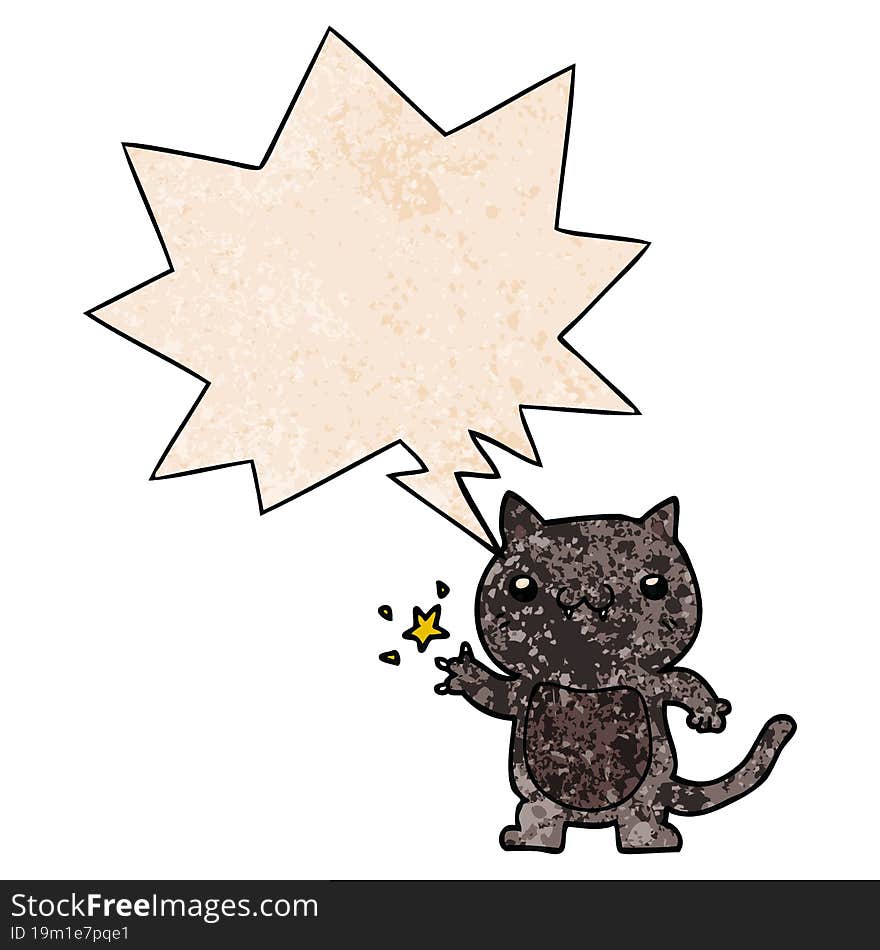 cartoon cat scratching with speech bubble in retro texture style