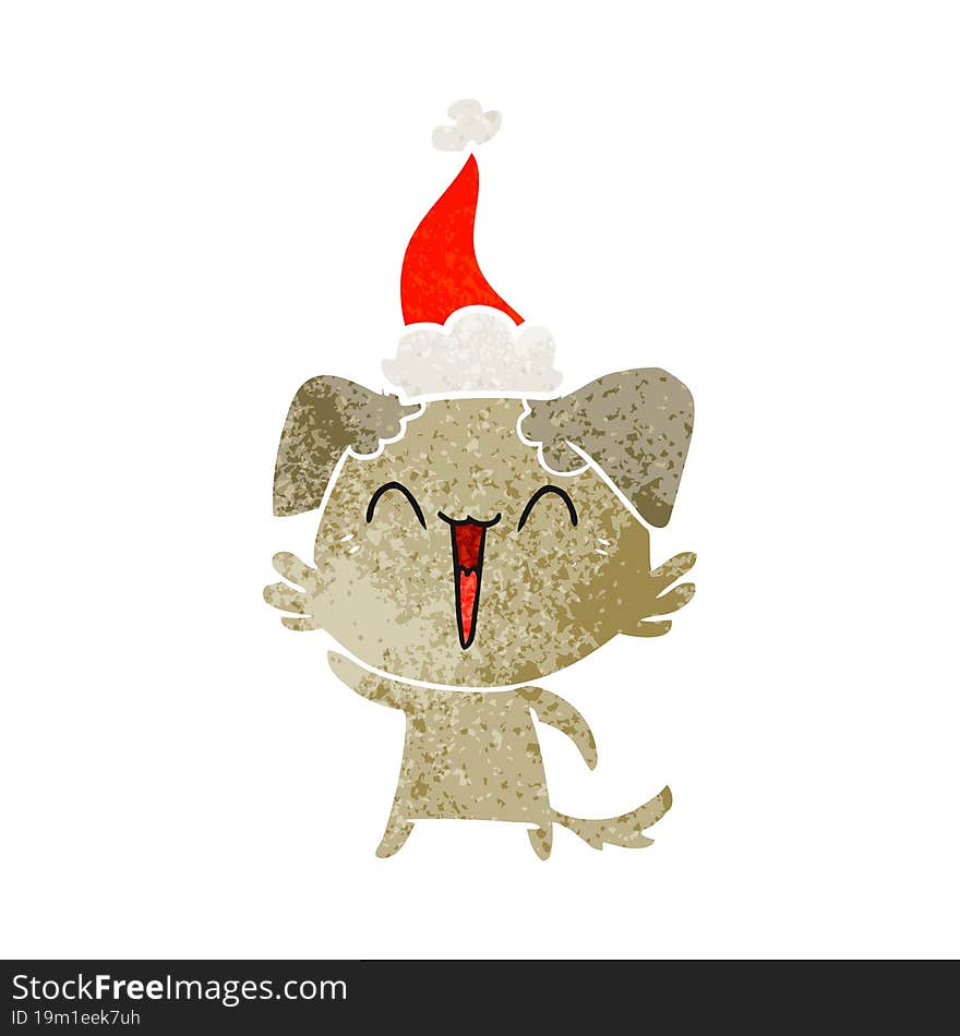 waving little dog retro cartoon of a wearing santa hat