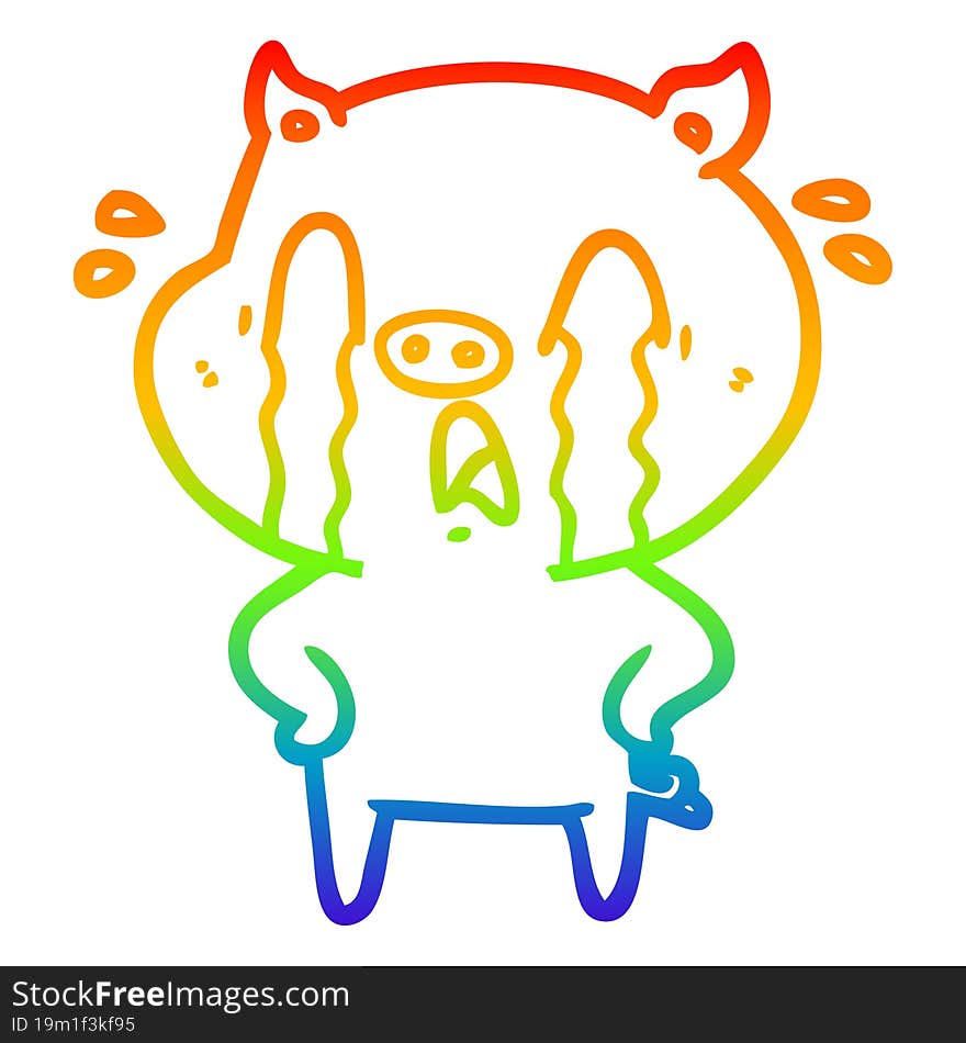 rainbow gradient line drawing of a crying pig cartoon