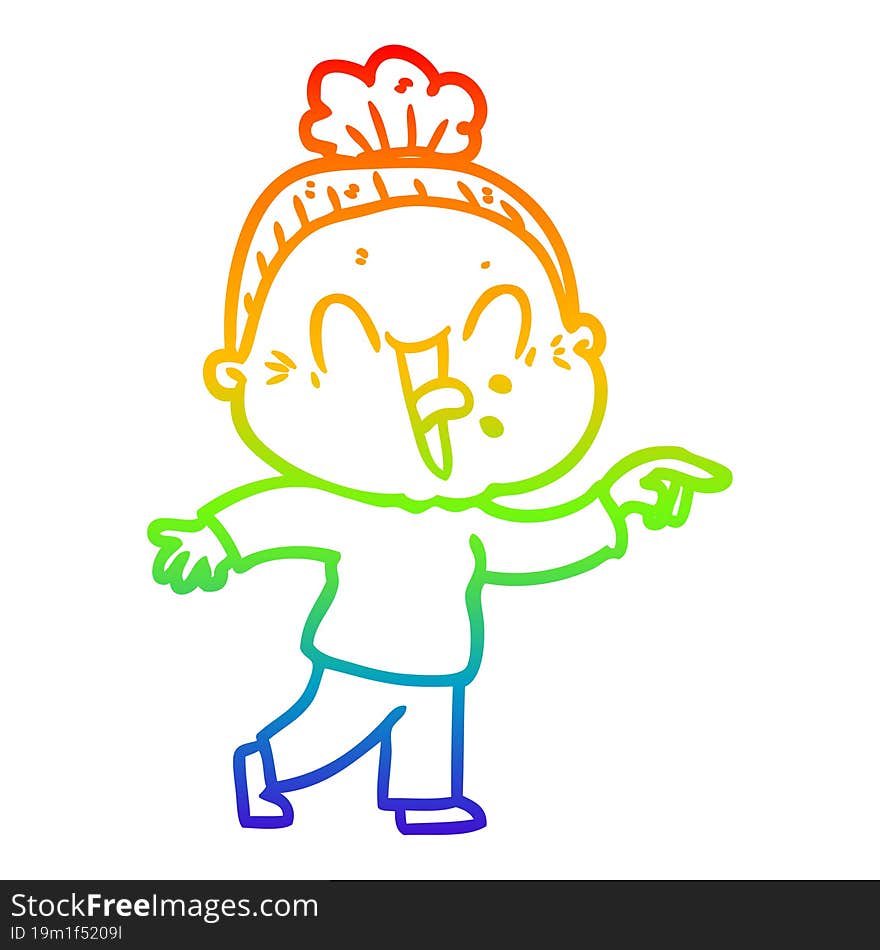 rainbow gradient line drawing of a cartoon happy old woman