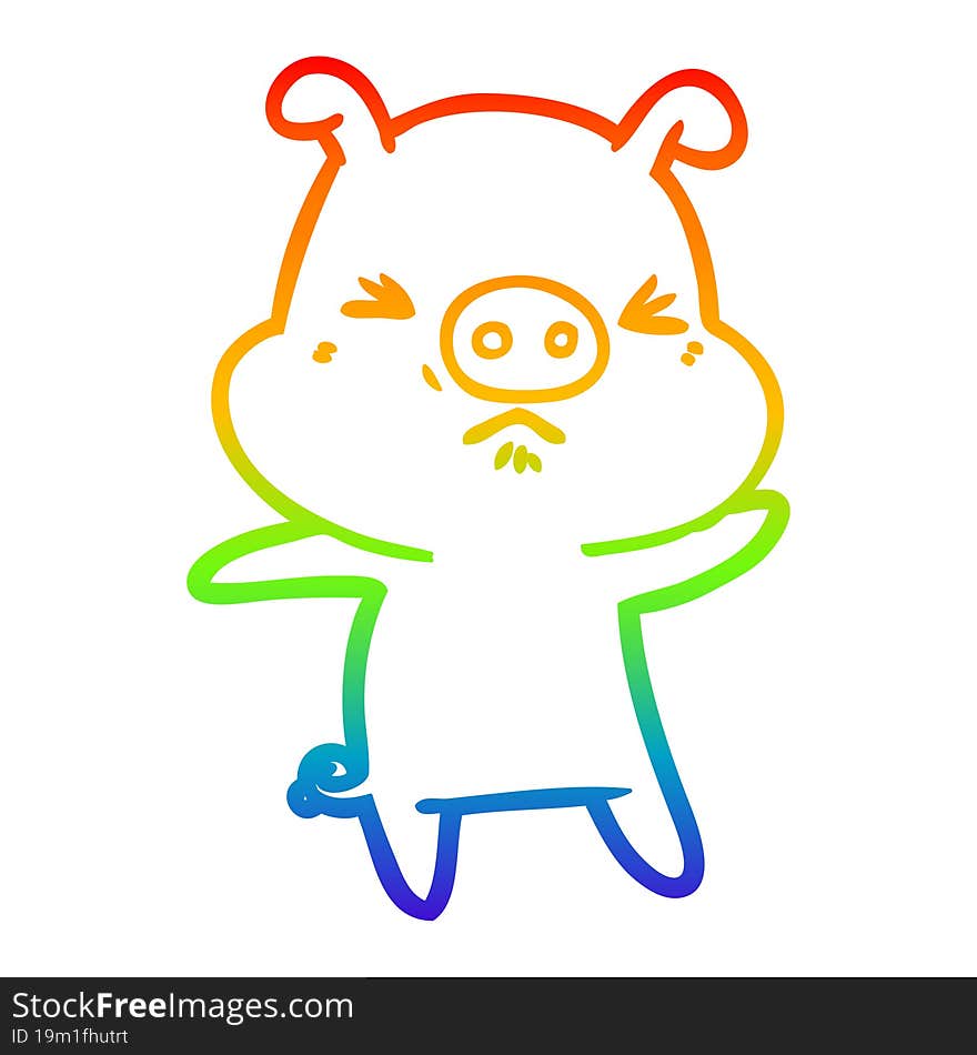 Rainbow Gradient Line Drawing Cartoon Angry Pig