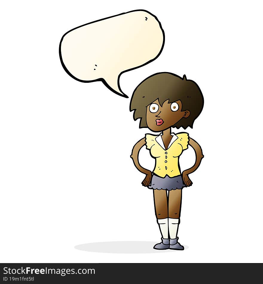 cartoon surprised woman with hands on hips with speech bubble