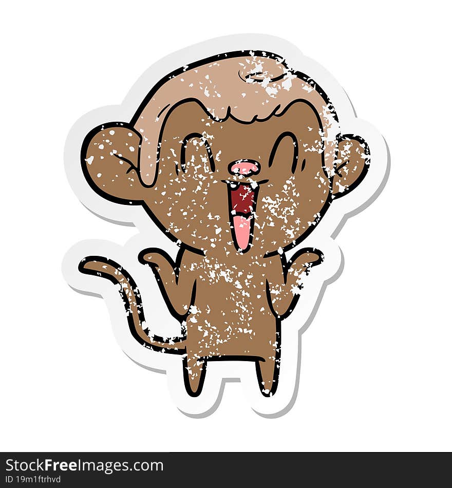 distressed sticker of a cartoon laughing monkey