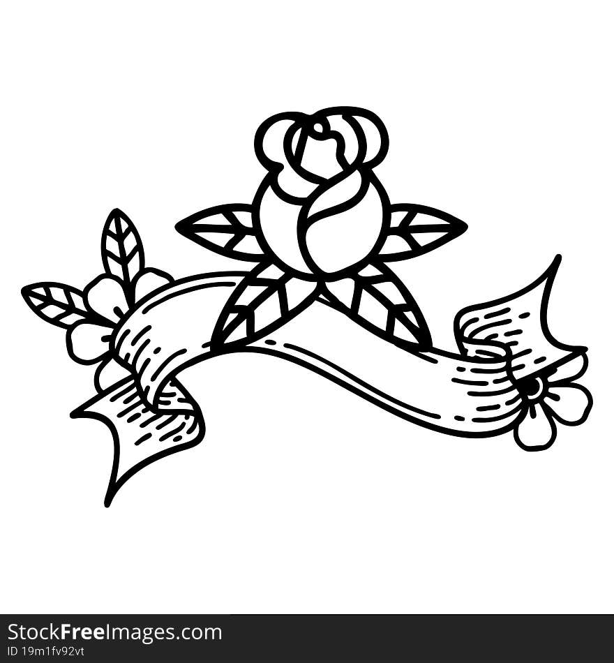 black linework tattoo with banner of a single rose