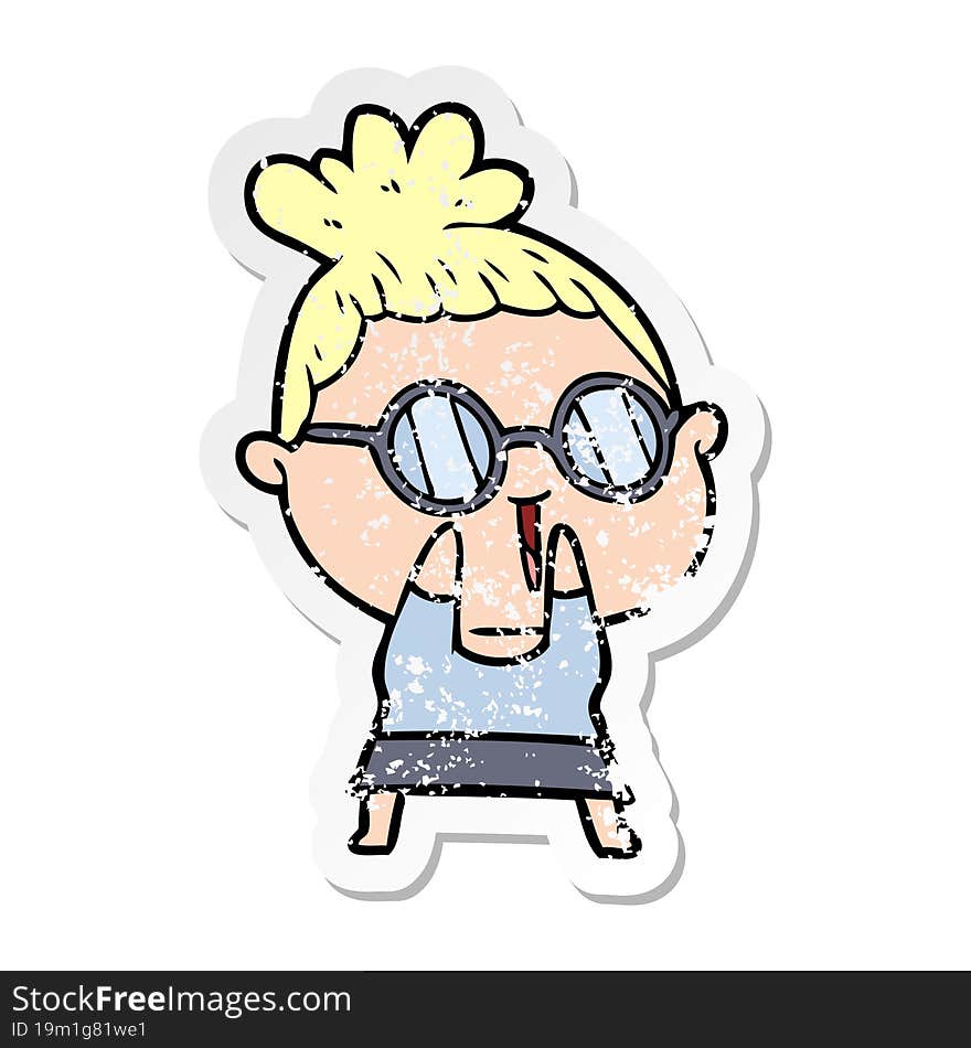 distressed sticker of a cartoon shy woman wearing spectacles