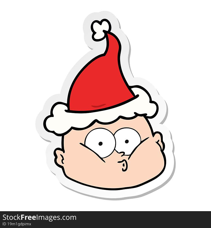 sticker cartoon of a curious bald man wearing santa hat