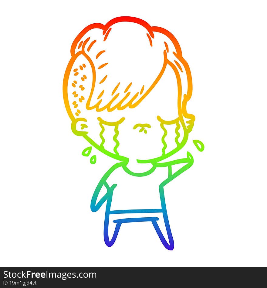 Rainbow Gradient Line Drawing Cartoon Crying Girl