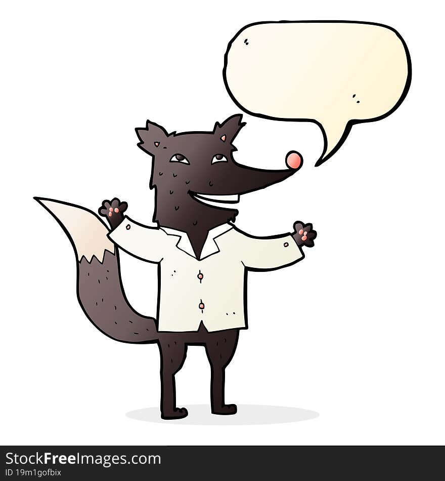 cartoon happy wolf wearing shirt with speech bubble