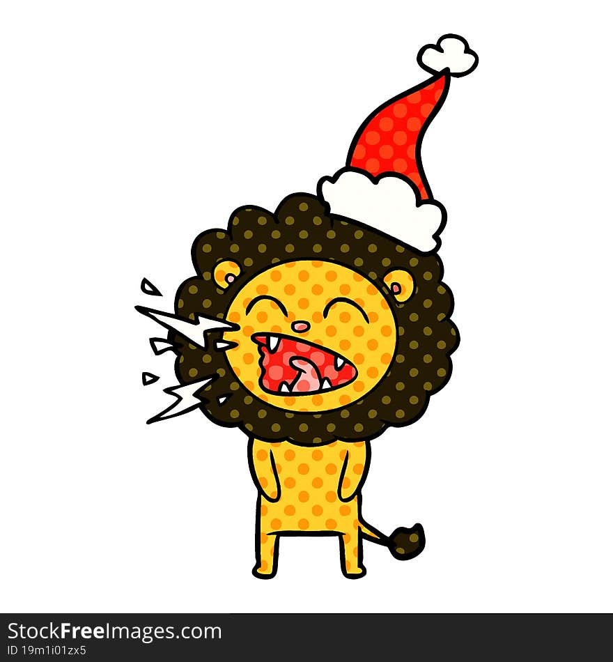 comic book style illustration of a roaring lion wearing santa hat