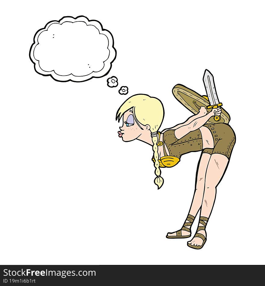 cartoon viking girl bowing with thought bubble