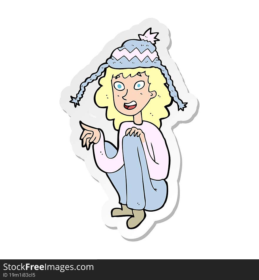 sticker of a cartoon woman wearing winter hat