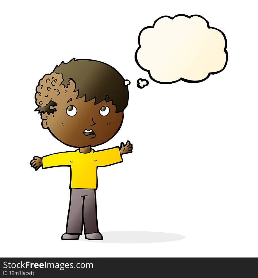 cartoon boy with growth on head with thought bubble