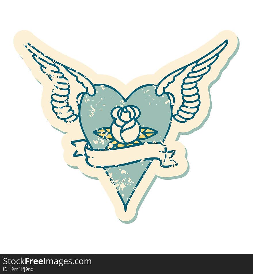 Distressed Sticker Tattoo Style Icon Of A Flying Heart With Flowers And Banner