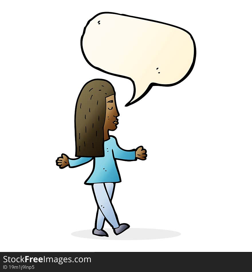 cartoon woman shrugging shoulders with speech bubble