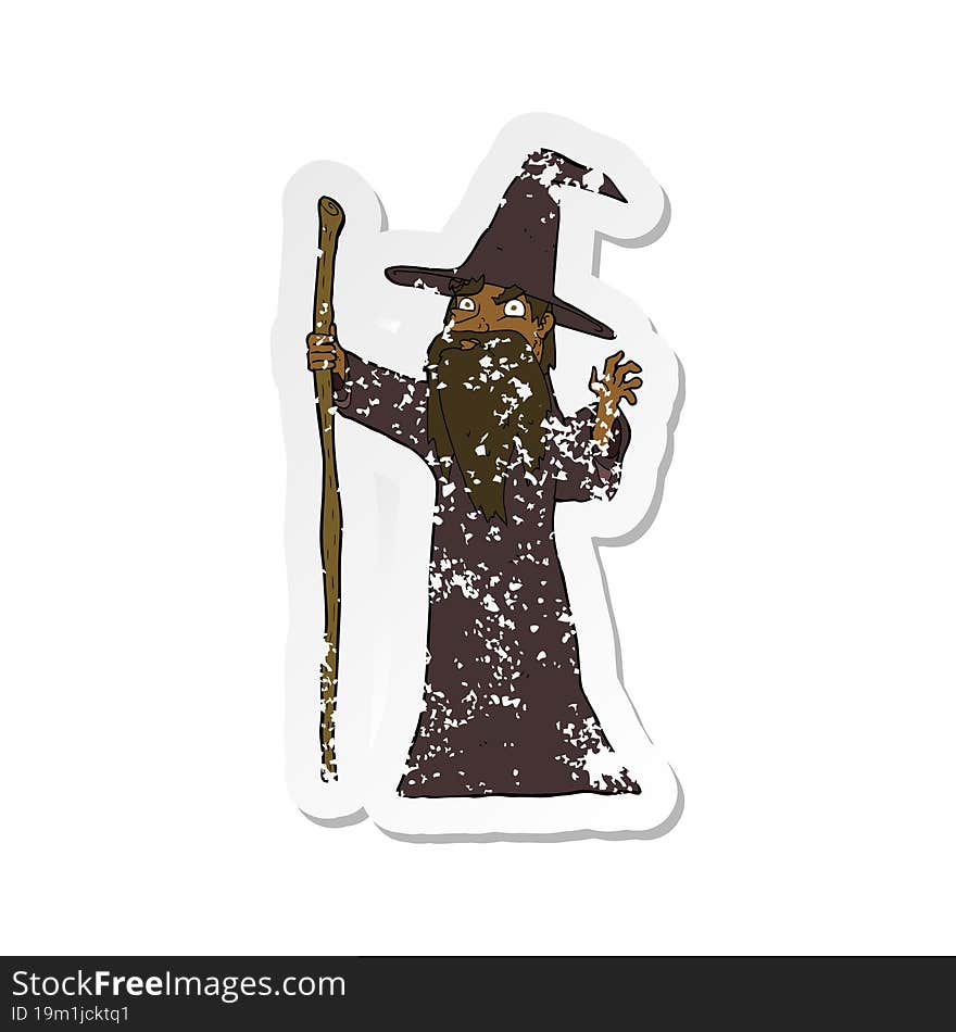 retro distressed sticker of a cartoon spooky wizard