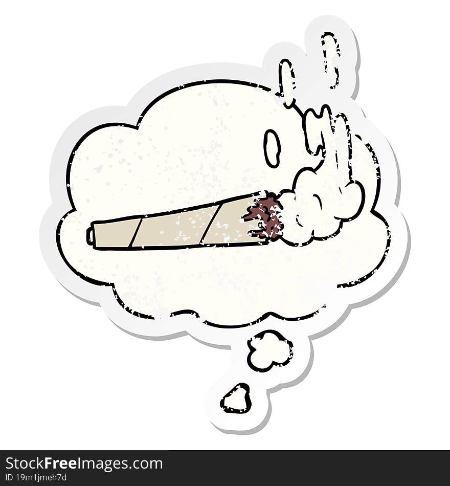 cartoon marijuana joint and thought bubble as a distressed worn sticker