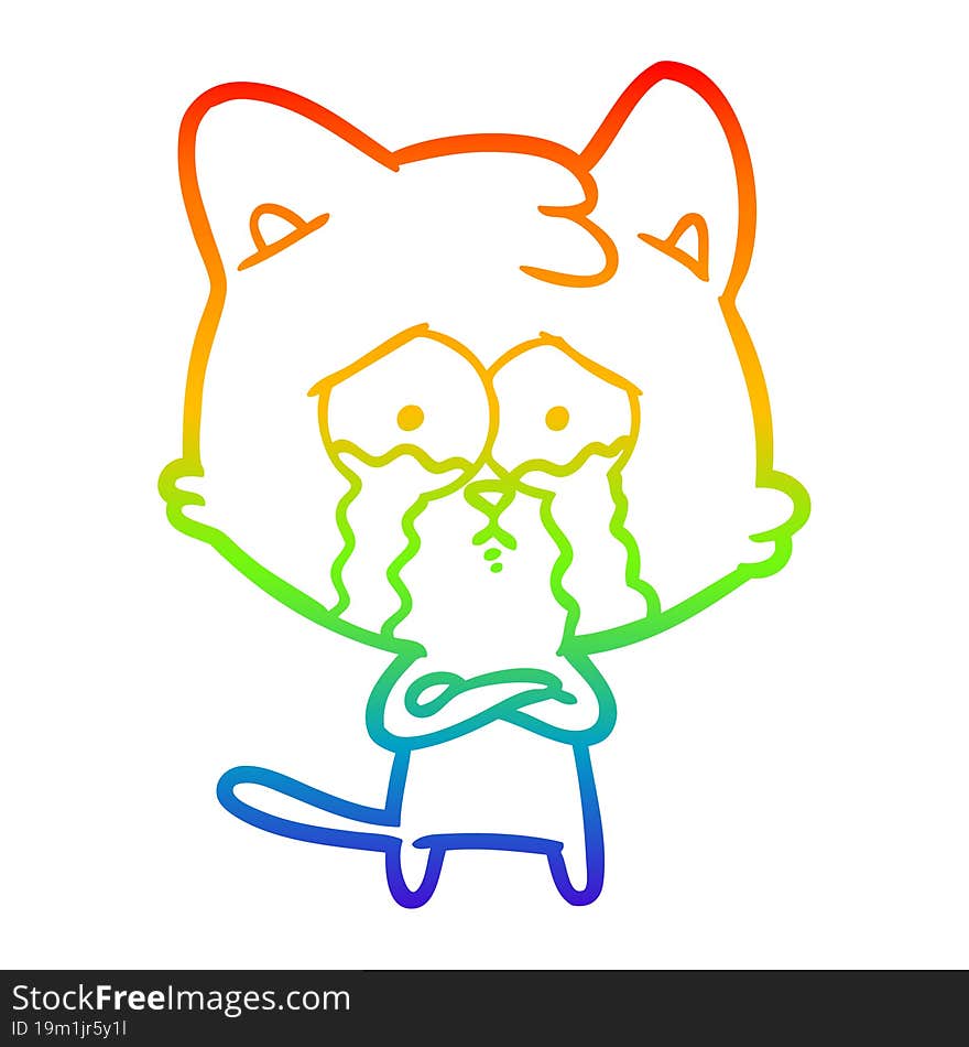 Rainbow Gradient Line Drawing Cartoon Crying Cat