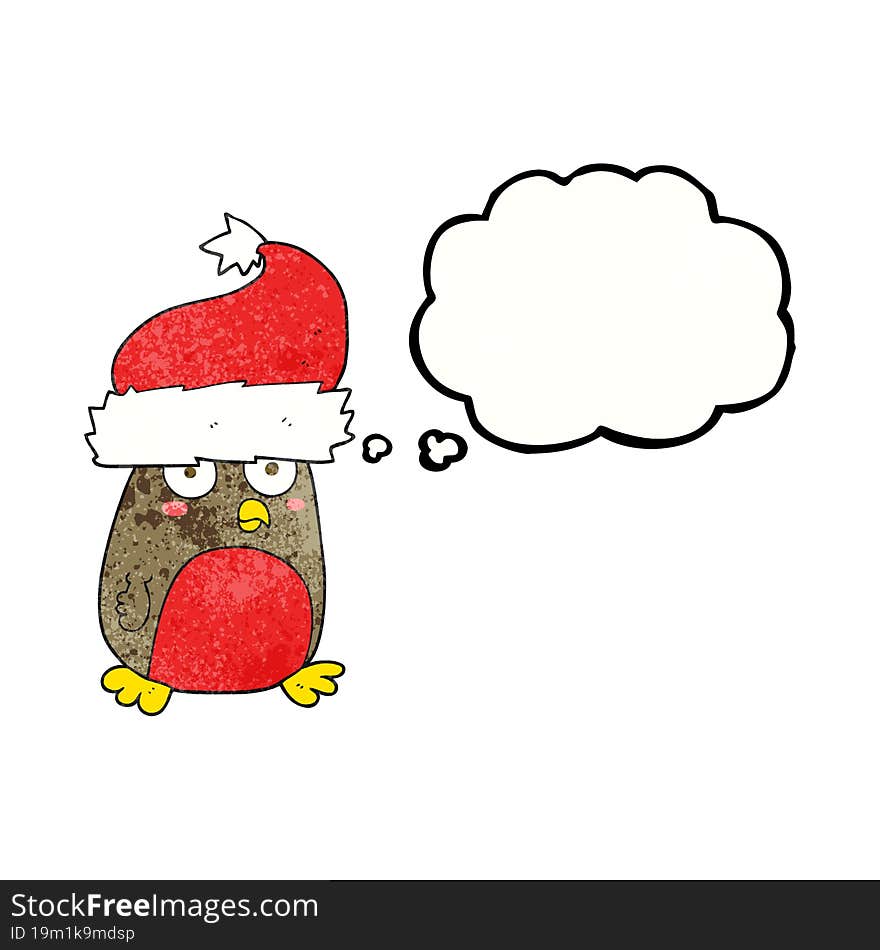 thought bubble textured cartoon christmas robin wearing santa hat