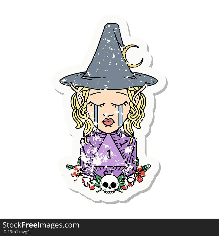 grunge sticker of a crying elf witch with natural one D20 roll. grunge sticker of a crying elf witch with natural one D20 roll