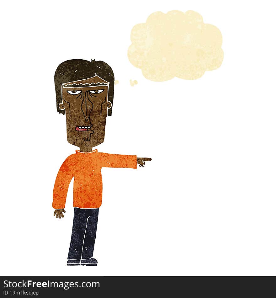 cartoon pointing man with thought bubble