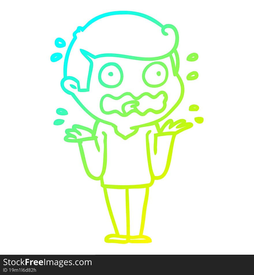 cold gradient line drawing of a cartoon man totally stressed out