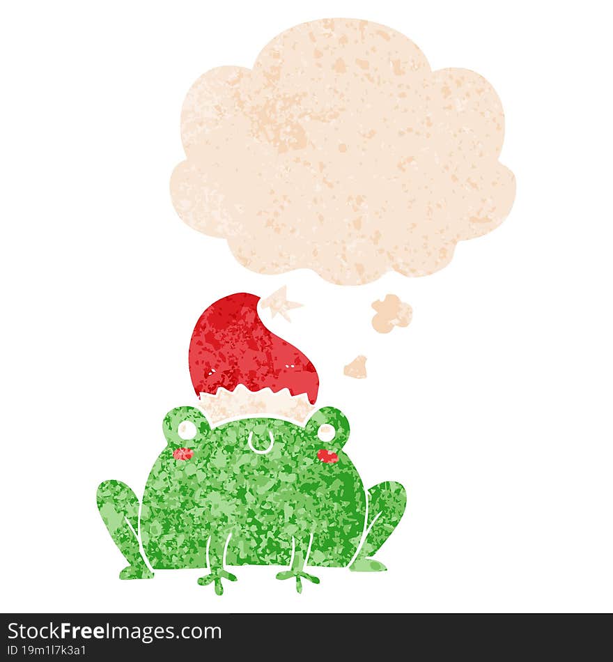 cute cartoon christmas frog and thought bubble in retro textured style