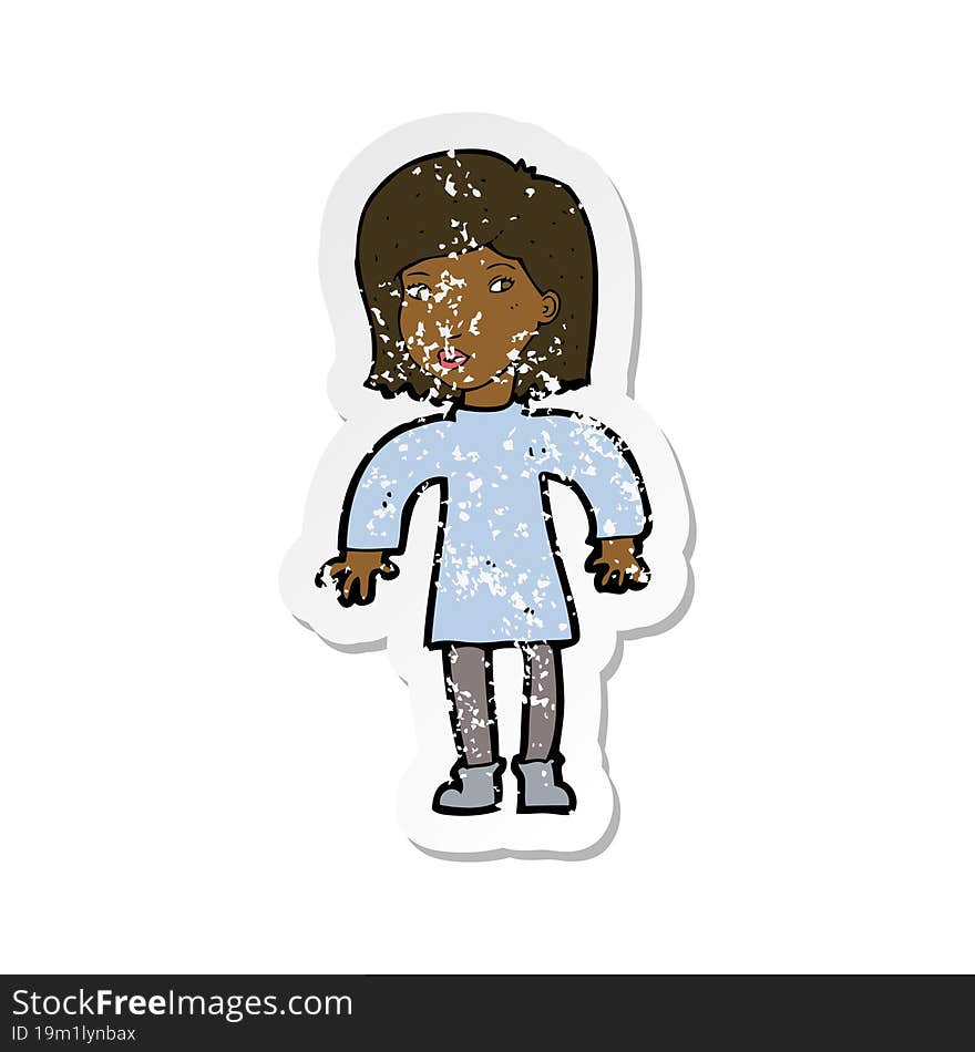 retro distressed sticker of a cartoon cautious woman