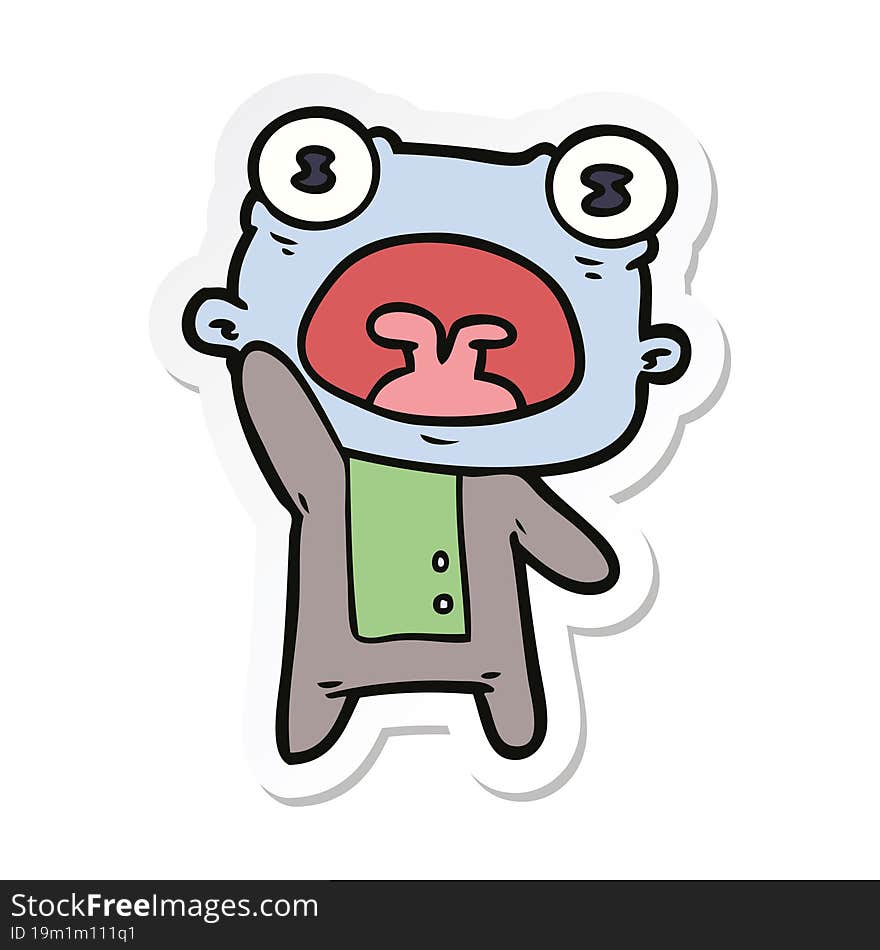 sticker of a cartoon weird alien waving