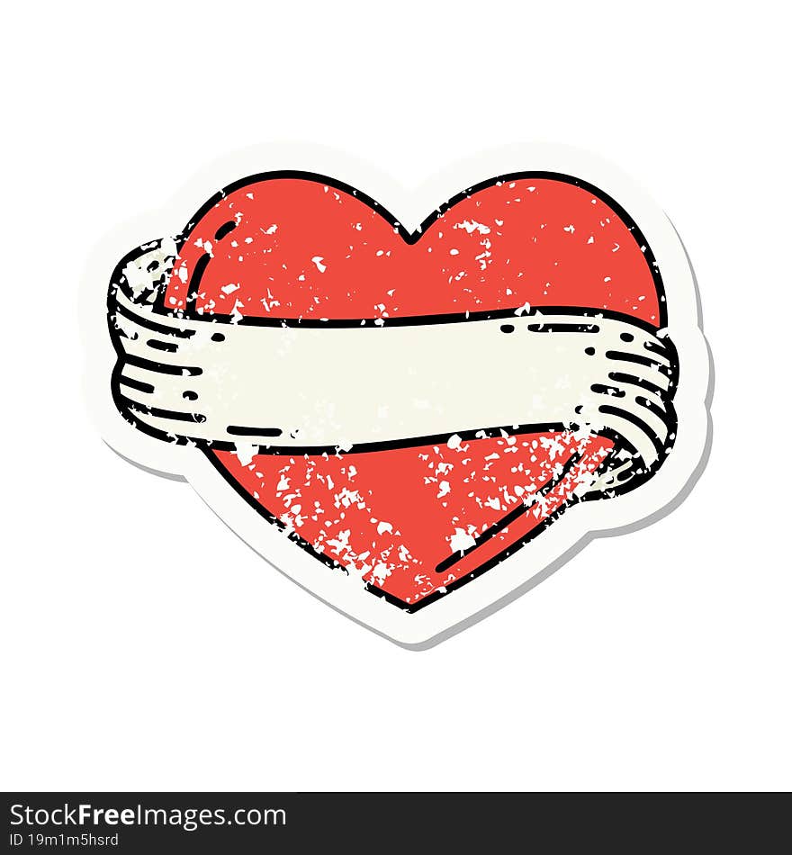 Traditional Distressed Sticker Tattoo Of A Heart And Banner